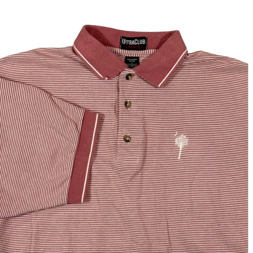 VTG UltraClub Polo Shirt Mens L SC Palmetto Crescent Moon Pink Striped Coastal